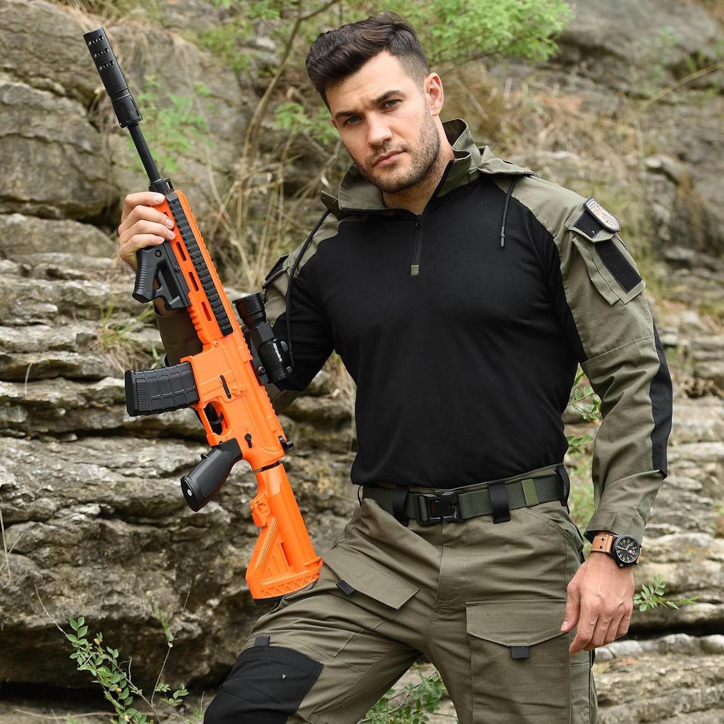 Mens tactical long sleeve shirt with elbow pads