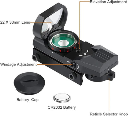 Reflex Sight - Adjustable Reticle (4 Styles) Both Red and Green in One Sight!