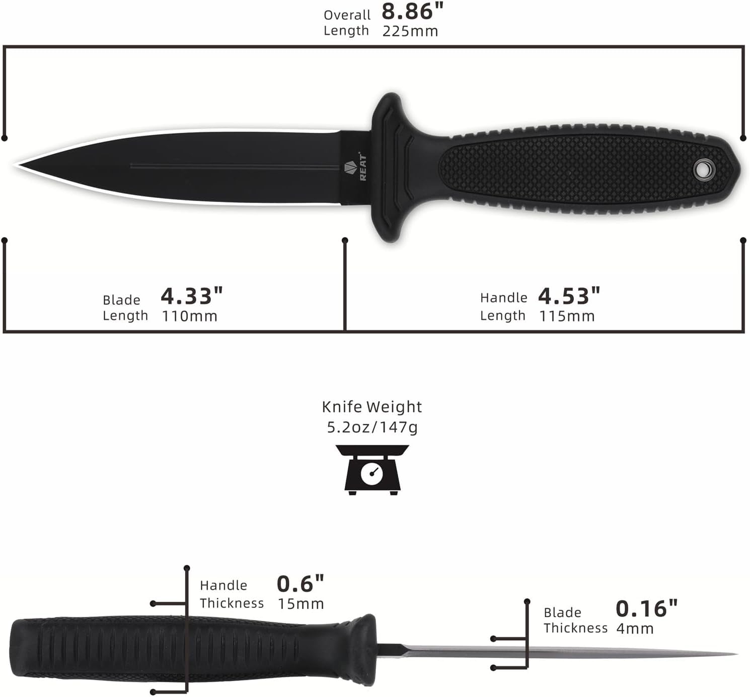 Fixed Blade Knife with Sheath, 4.3" Double Edged 8Cr13 Steel Blade,Ergonomic TPR Handle