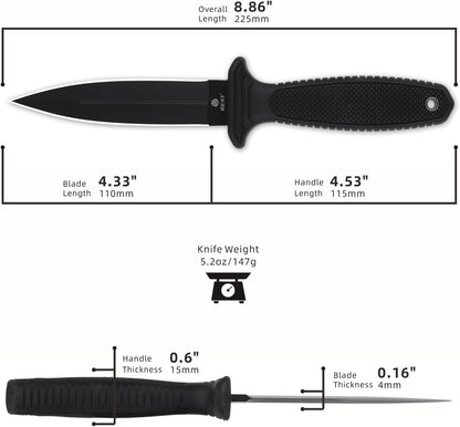Fixed Blade Knife with Sheath, 4.3" Double Edged 8Cr13 Steel Blade,Ergonomic TPR Handle