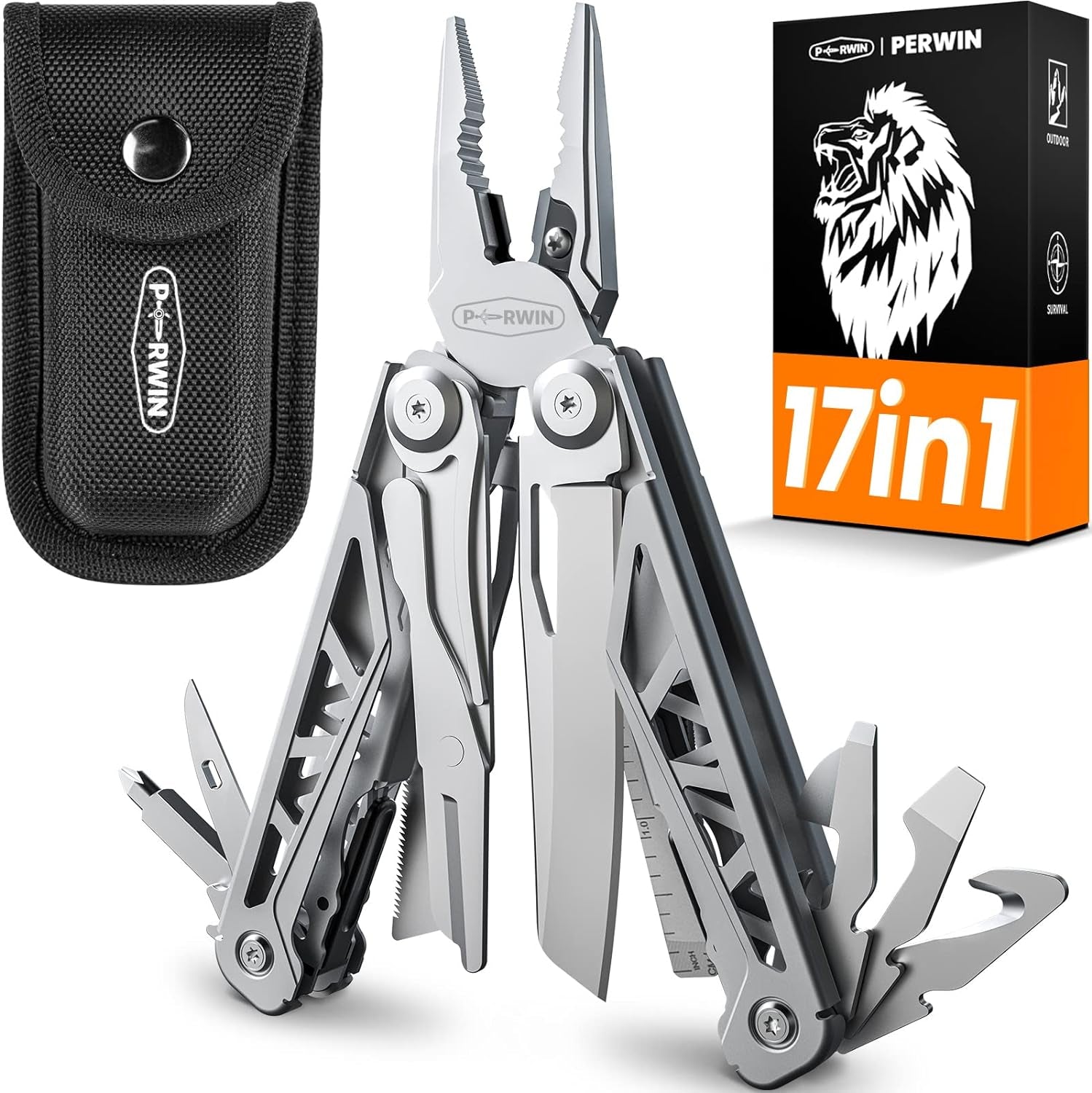 Multitool, 17-In-1 Stainless Steel Multi Tool Pliers with Self-Locking, Pocket Knife, Nylon Sheath, Professional (EDC) Multi-Tool for Survival, Camping and Hunting, Hiking, Gifts for Men