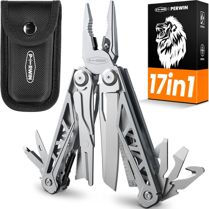 Multitool, 17-In-1 Stainless Steel Multi Tool Pliers with Self-Locking, Pocket Knife, Nylon Sheath, Professional (EDC) Multi-Tool for Survival, Camping and Hunting, Hiking, Gifts for Men