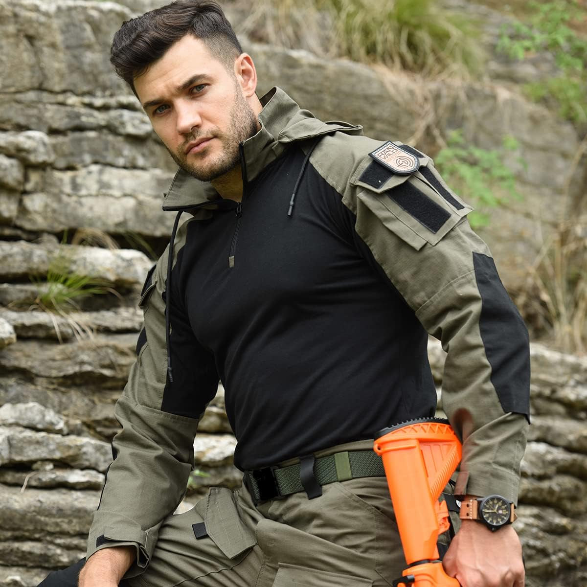 Mens tactical long sleeve shirt with elbow pads