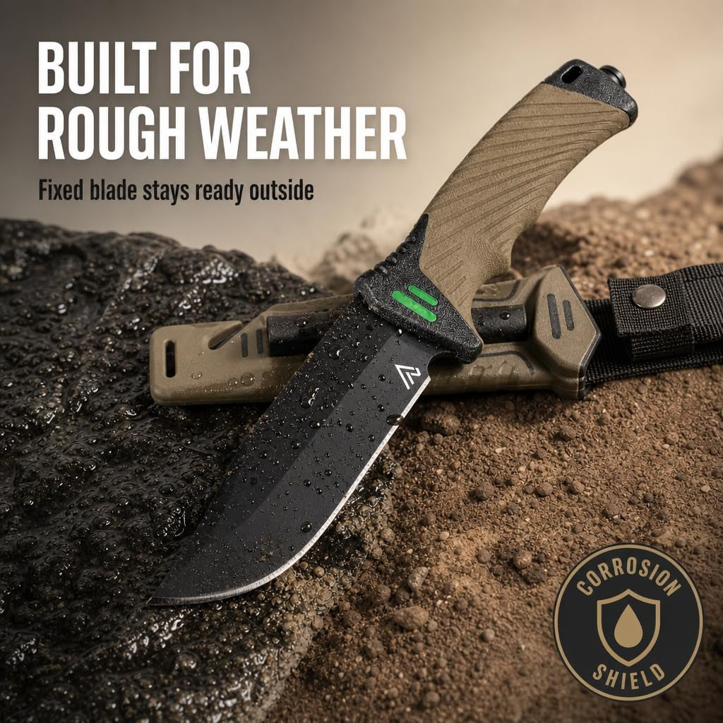 Bushcraft 6-In-1 Survival Knife — Full Tang Fixed Blade Hunting Knife with Sheath, 4.33 Inch Drop Point Blade, Built-In Sharpening Stone, Ferro Rod Fire Starter, Whistle, Glass Breaker & Paracord — Camping, Bushcraft, EDC Gear