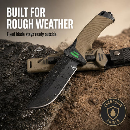 Bushcraft 6-In-1 Survival Knife — Full Tang Fixed Blade Hunting Knife with Sheath, 4.33 Inch Drop Point Blade, Built-In Sharpening Stone, Ferro Rod Fire Starter, Whistle, Glass Breaker & Paracord — Camping, Bushcraft, EDC Gear