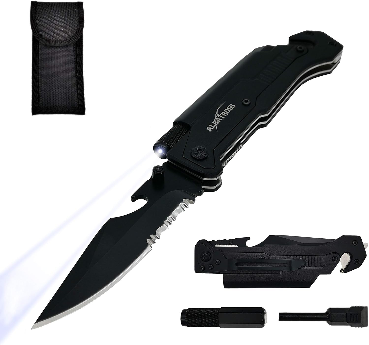 6-In-1 Survival Tactical Military Folding Pocket Knives with LED Light,Seatbelt Cutter,Glass Breaker,Magnesium Fire Starter,Bottle Opener;Multi-Function Emergency Tool(Black)