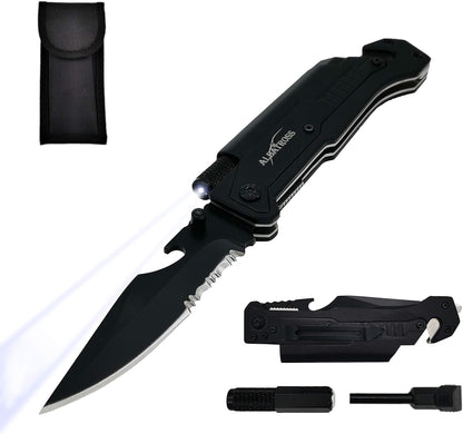 6-In-1 Survival Tactical Military Folding Pocket Knives with LED Light,Seatbelt Cutter,Glass Breaker,Magnesium Fire Starter,Bottle Opener;Multi-Function Emergency Tool(Black)