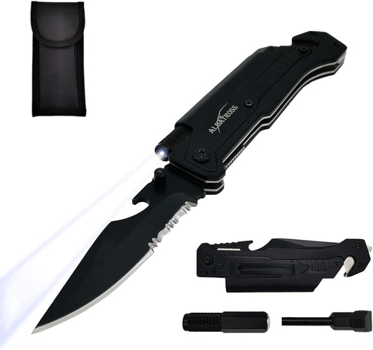 6-In-1 Survival Tactical Military Folding Pocket Knives with LED Light,Seatbelt Cutter,Glass Breaker,Magnesium Fire Starter,Bottle Opener;Multi-Function Emergency Tool(Black)