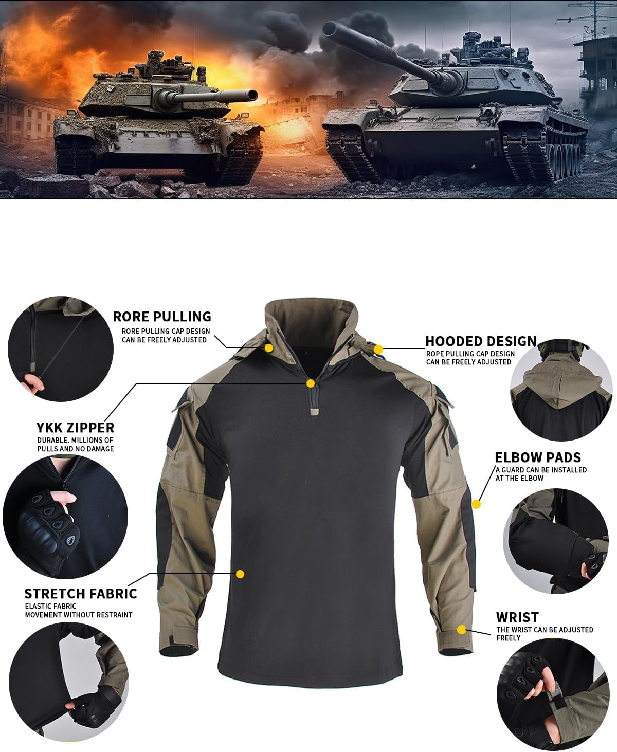 Mens tactical long sleeve shirt with elbow pads