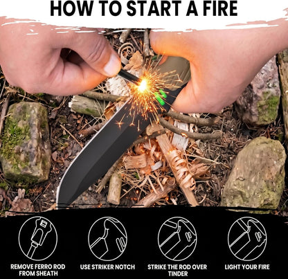 Bushcraft 6-In-1 Survival Knife — Full Tang Fixed Blade Hunting Knife with Sheath, 4.33 Inch Drop Point Blade, Built-In Sharpening Stone, Ferro Rod Fire Starter, Whistle, Glass Breaker & Paracord — Camping, Bushcraft, EDC Gear