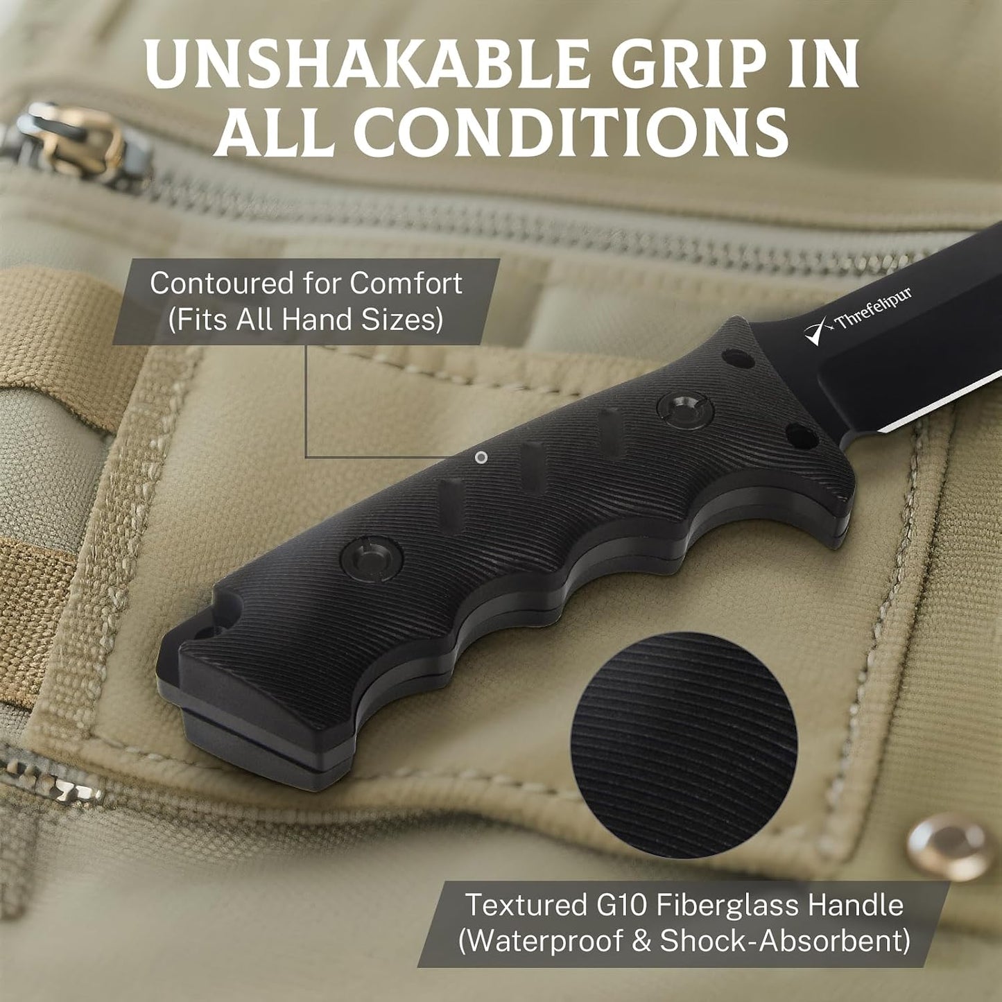 Tanto Camping Knife for Men, D2 Steel Fixed Blade Tactical Survival Knife with Sheath - Compact & Portable for Outdoor Hiking, Bushcraft, G10 Handle - Black