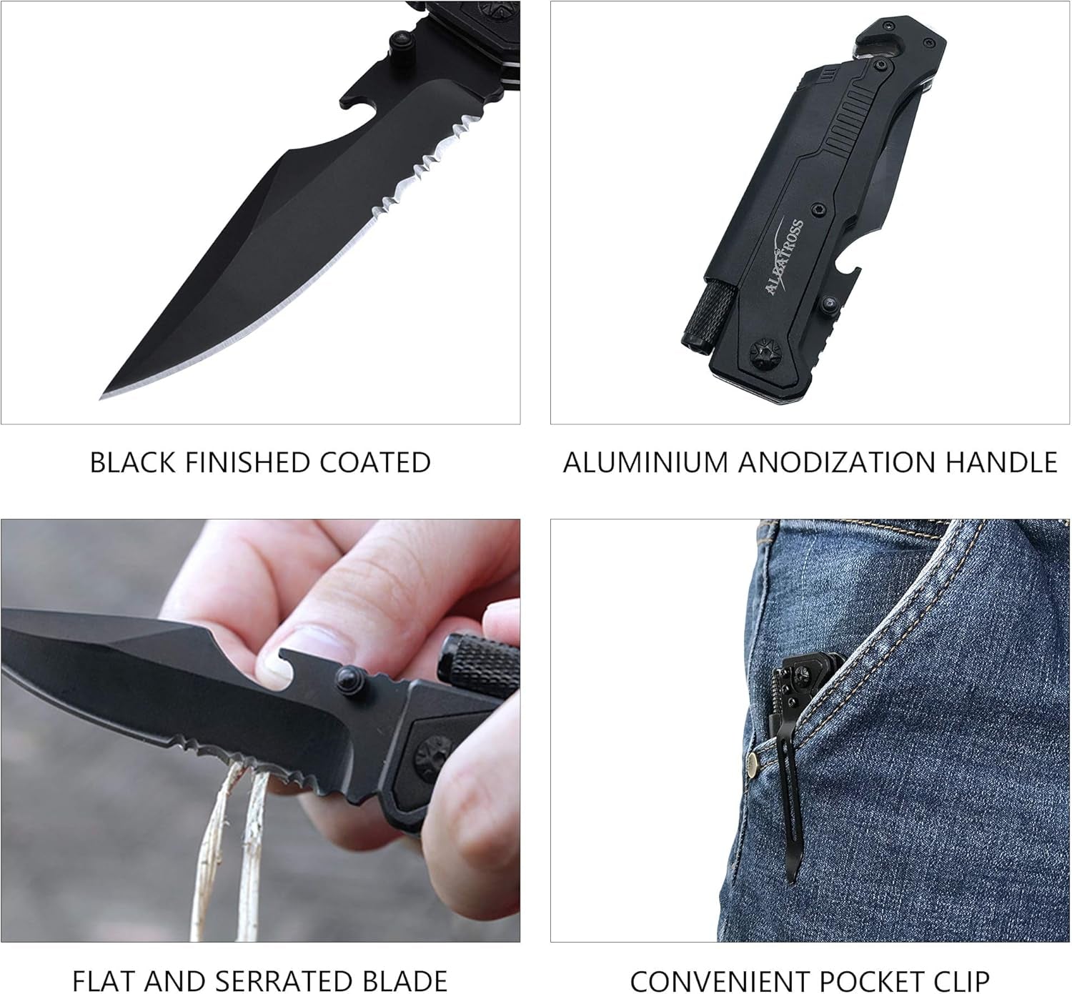 6-In-1 Survival Tactical Military Folding Pocket Knives with LED Light,Seatbelt Cutter,Glass Breaker,Magnesium Fire Starter,Bottle Opener;Multi-Function Emergency Tool(Black)