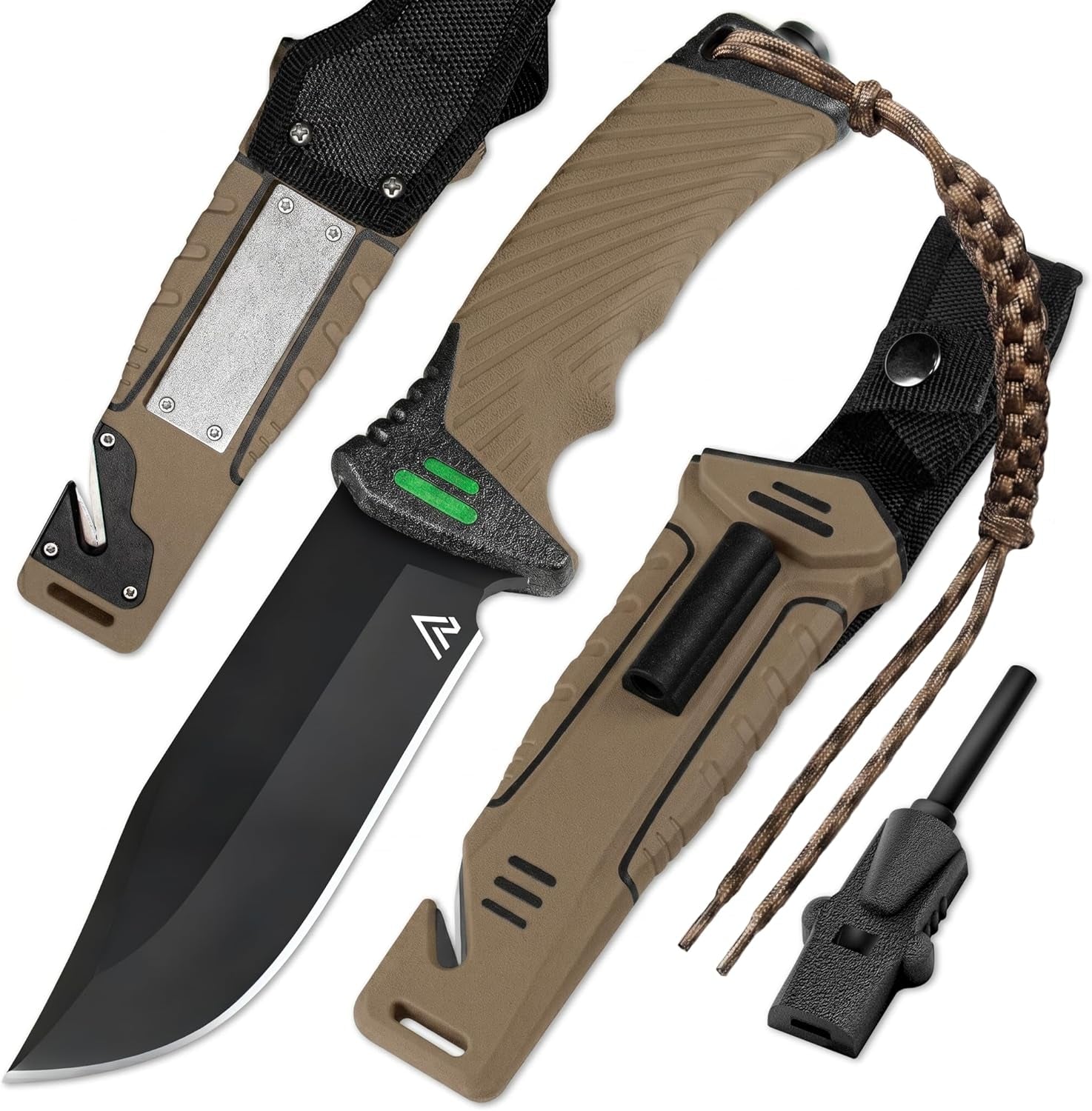 Bushcraft 6-In-1 Survival Knife — Full Tang Fixed Blade Hunting Knife with Sheath, 4.33 Inch Drop Point Blade, Built-In Sharpening Stone, Ferro Rod Fire Starter, Whistle, Glass Breaker & Paracord — Camping, Bushcraft, EDC Gear