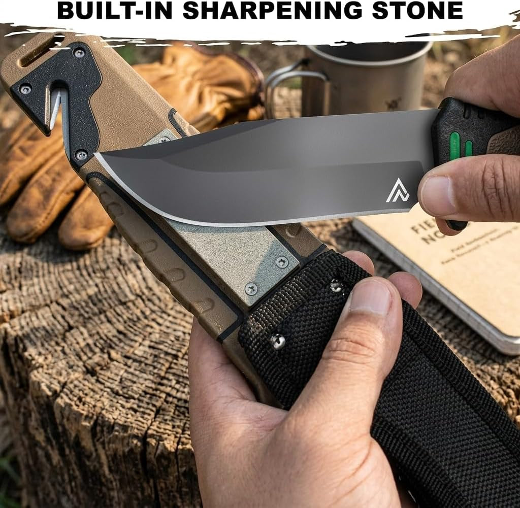 Bushcraft 6-In-1 Survival Knife — Full Tang Fixed Blade Hunting Knife with Sheath, 4.33 Inch Drop Point Blade, Built-In Sharpening Stone, Ferro Rod Fire Starter, Whistle, Glass Breaker & Paracord — Camping, Bushcraft, EDC Gear