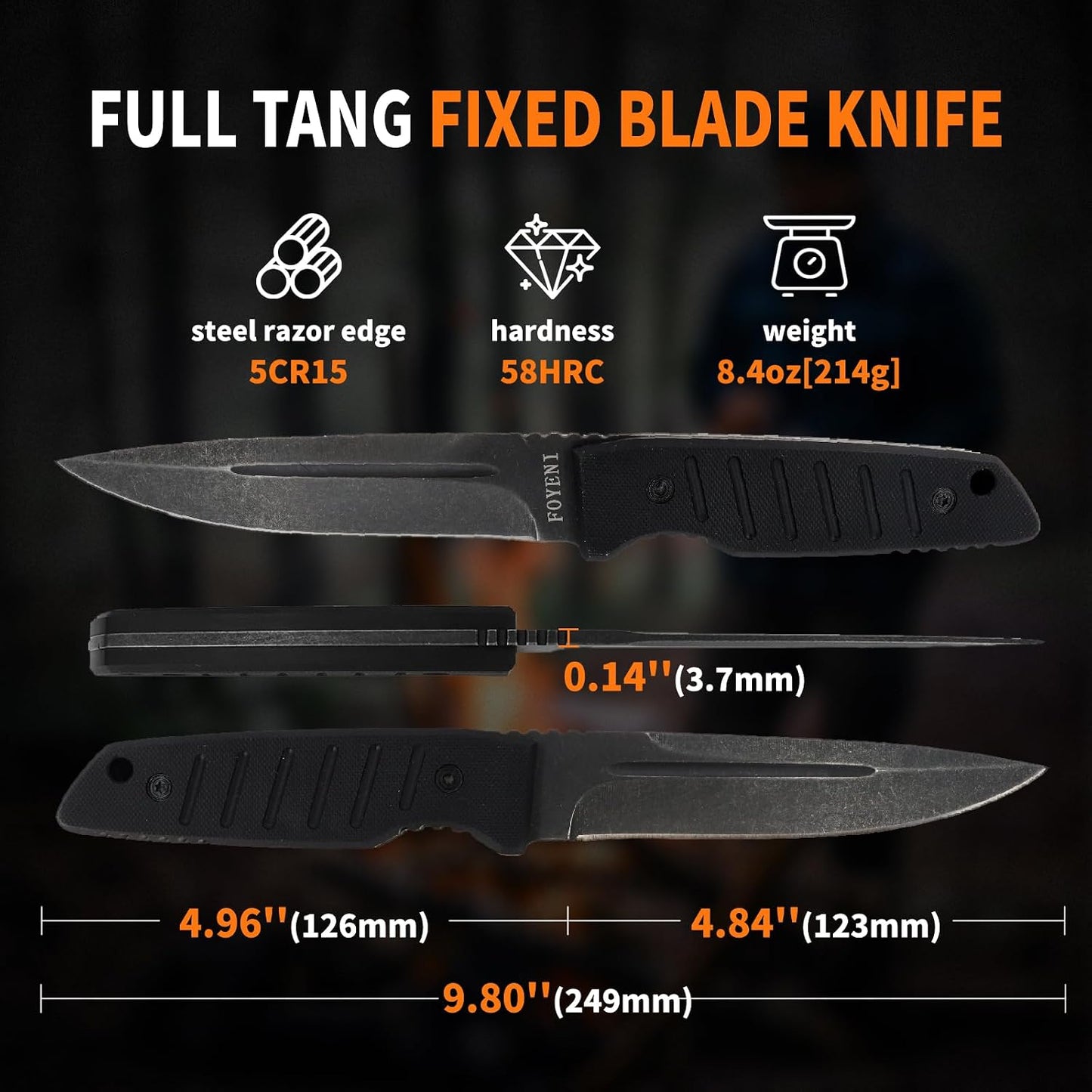 Hunting Knife with Sheath 9.8-Inch Full Tang Fixed Blade Tactical Knife with G10 Handle 