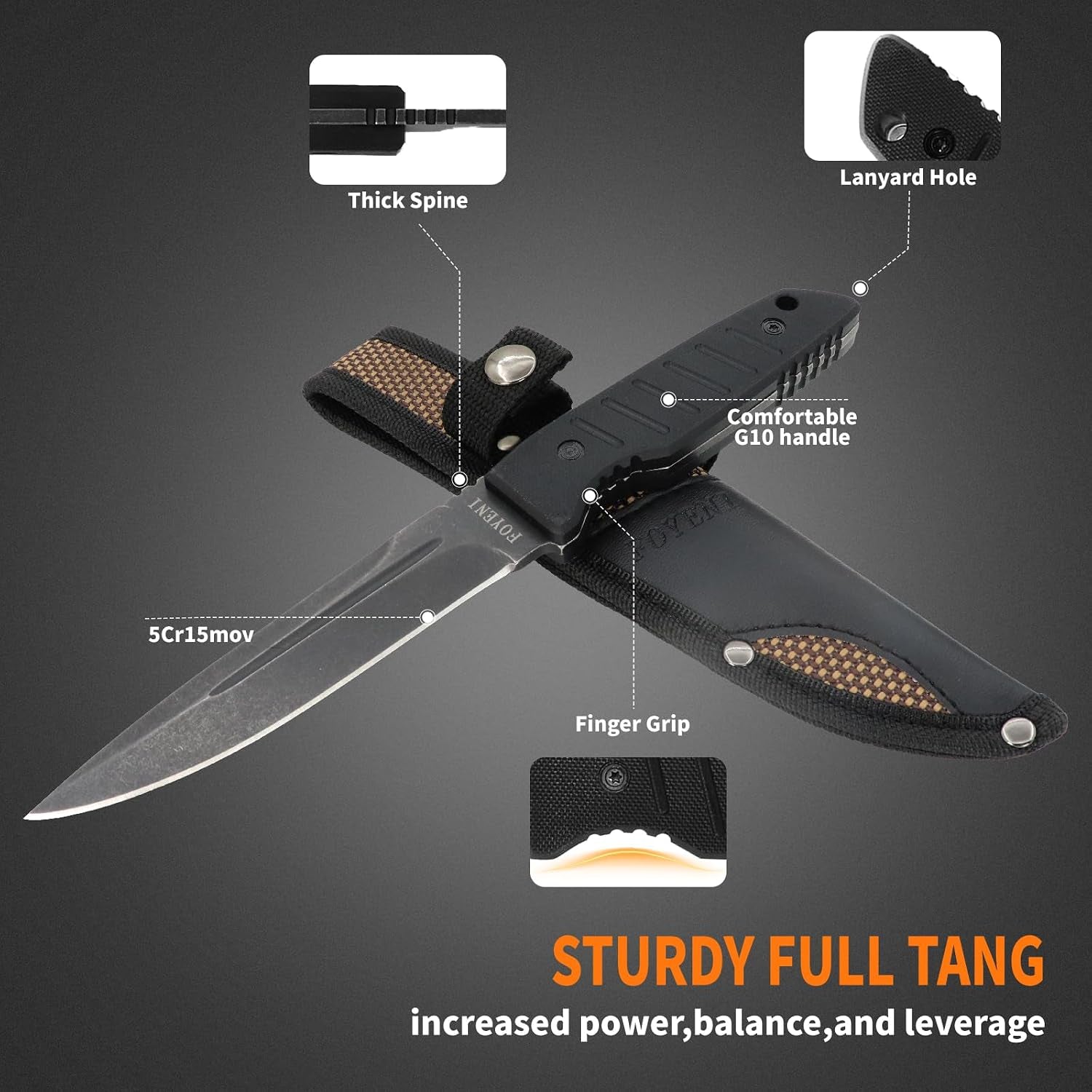 Hunting Knife with Sheath 9.8-Inch Full Tang Fixed Blade Tactical Knife with G10 Handle 