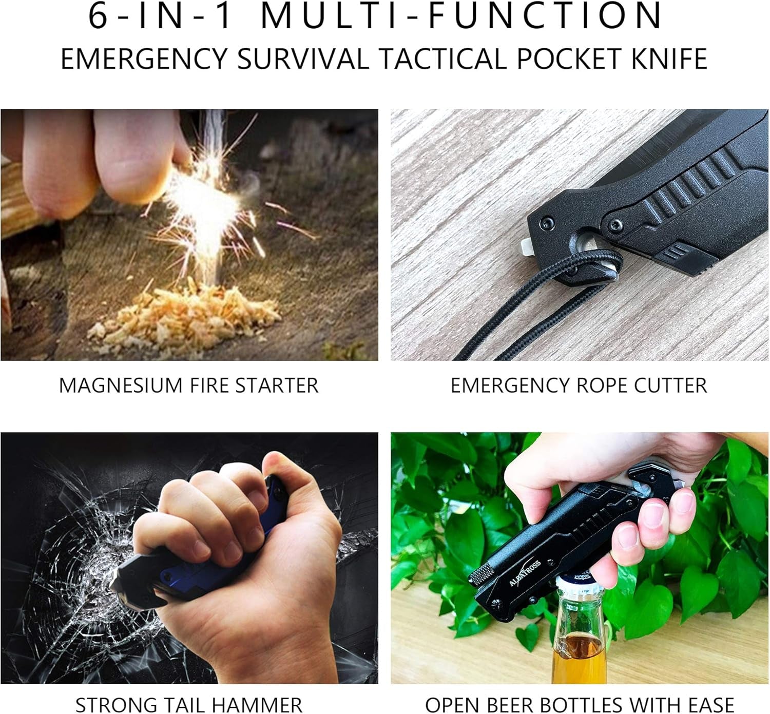 6-In-1 Survival Tactical Military Folding Pocket Knives with LED Light,Seatbelt Cutter,Glass Breaker,Magnesium Fire Starter,Bottle Opener;Multi-Function Emergency Tool(Black)