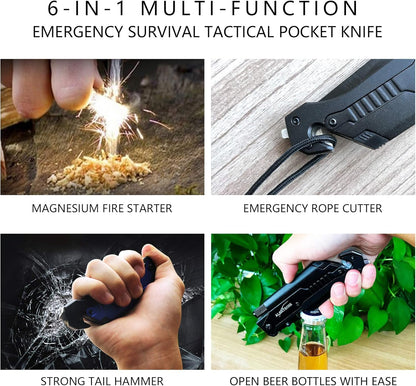 6-In-1 Survival Tactical Military Folding Pocket Knives with LED Light,Seatbelt Cutter,Glass Breaker,Magnesium Fire Starter,Bottle Opener;Multi-Function Emergency Tool(Black)