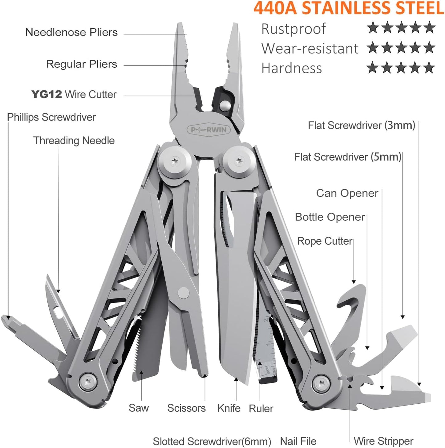 Multitool, 17-In-1 Stainless Steel Multi Tool Pliers with Self-Locking, Pocket Knife, Nylon Sheath, Professional (EDC) Multi-Tool for Survival, Camping and Hunting, Hiking, Gifts for Men