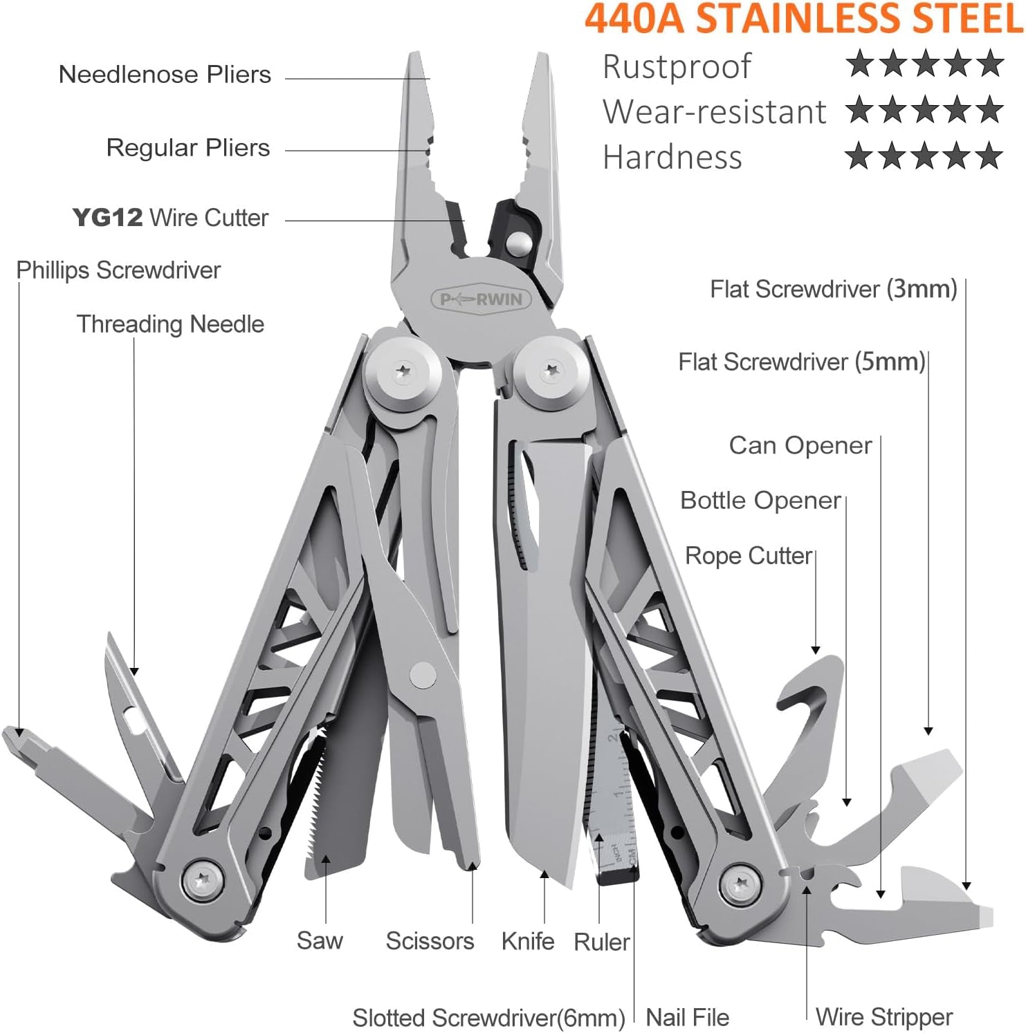 Multitool, 17-In-1 Stainless Steel Multi Tool Pliers with Self-Locking, Pocket Knife, Nylon Sheath, Professional (EDC) Multi-Tool for Survival, Camping and Hunting, Hiking, Gifts for Men