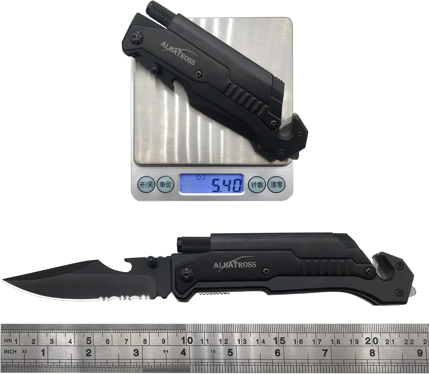 6-In-1 Survival Tactical Military Folding Pocket Knives with LED Light,Seatbelt Cutter,Glass Breaker,Magnesium Fire Starter,Bottle Opener;Multi-Function Emergency Tool(Black)