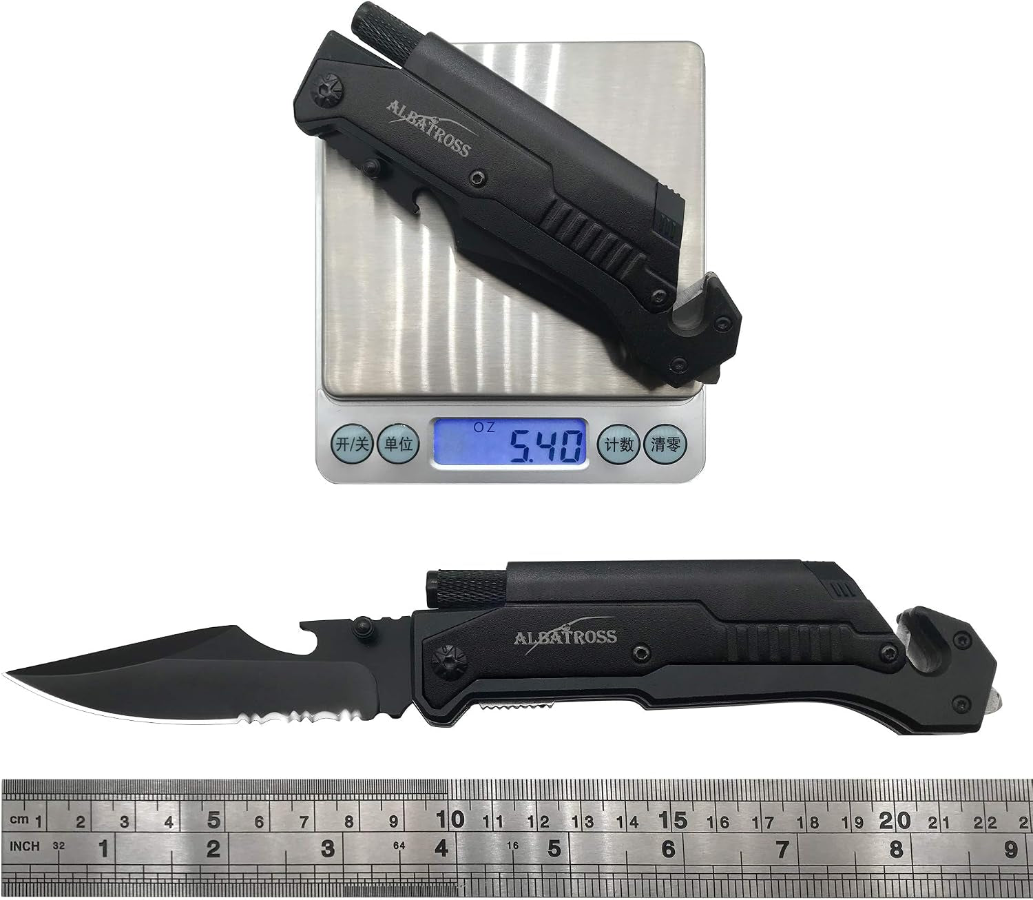6-In-1 Survival Tactical Military Folding Pocket Knives with LED Light,Seatbelt Cutter,Glass Breaker,Magnesium Fire Starter,Bottle Opener;Multi-Function Emergency Tool(Black)