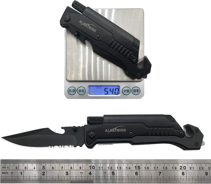 6-In-1 Survival Tactical Military Folding Pocket Knives with LED Light,Seatbelt Cutter,Glass Breaker,Magnesium Fire Starter,Bottle Opener;Multi-Function Emergency Tool(Black)