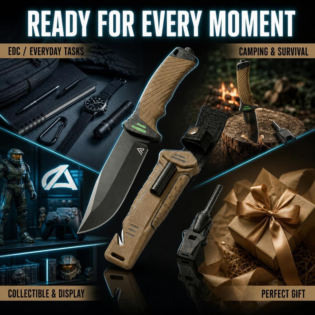Bushcraft 6-In-1 Survival Knife — Full Tang Fixed Blade Hunting Knife with Sheath, 4.33 Inch Drop Point Blade, Built-In Sharpening Stone, Ferro Rod Fire Starter, Whistle, Glass Breaker & Paracord — Camping, Bushcraft, EDC Gear