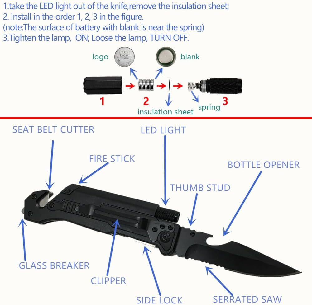 6-In-1 Survival Tactical Military Folding Pocket Knives with LED Light,Seatbelt Cutter,Glass Breaker,Magnesium Fire Starter,Bottle Opener;Multi-Function Emergency Tool(Black)