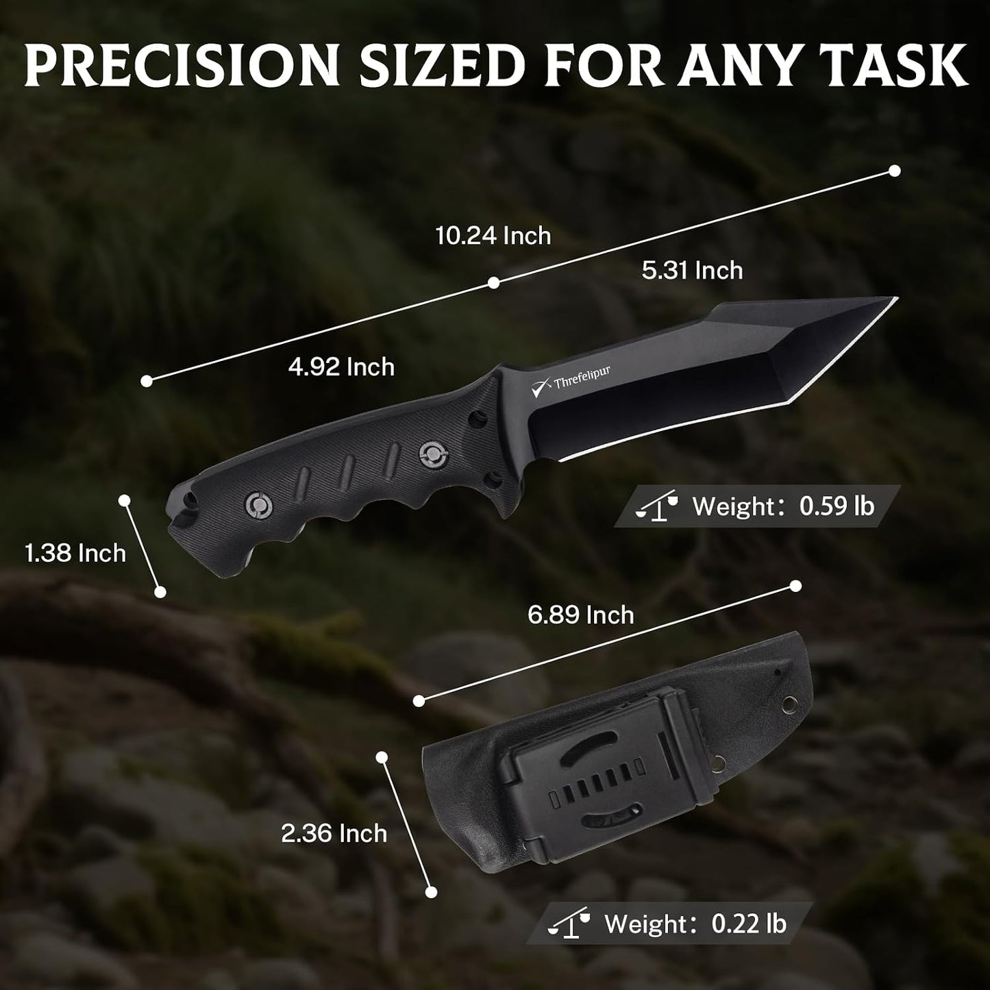 Tanto Camping Knife for Men, D2 Steel Fixed Blade Tactical Survival Knife with Sheath - Compact & Portable for Outdoor Hiking, Bushcraft, G10 Handle - Black
