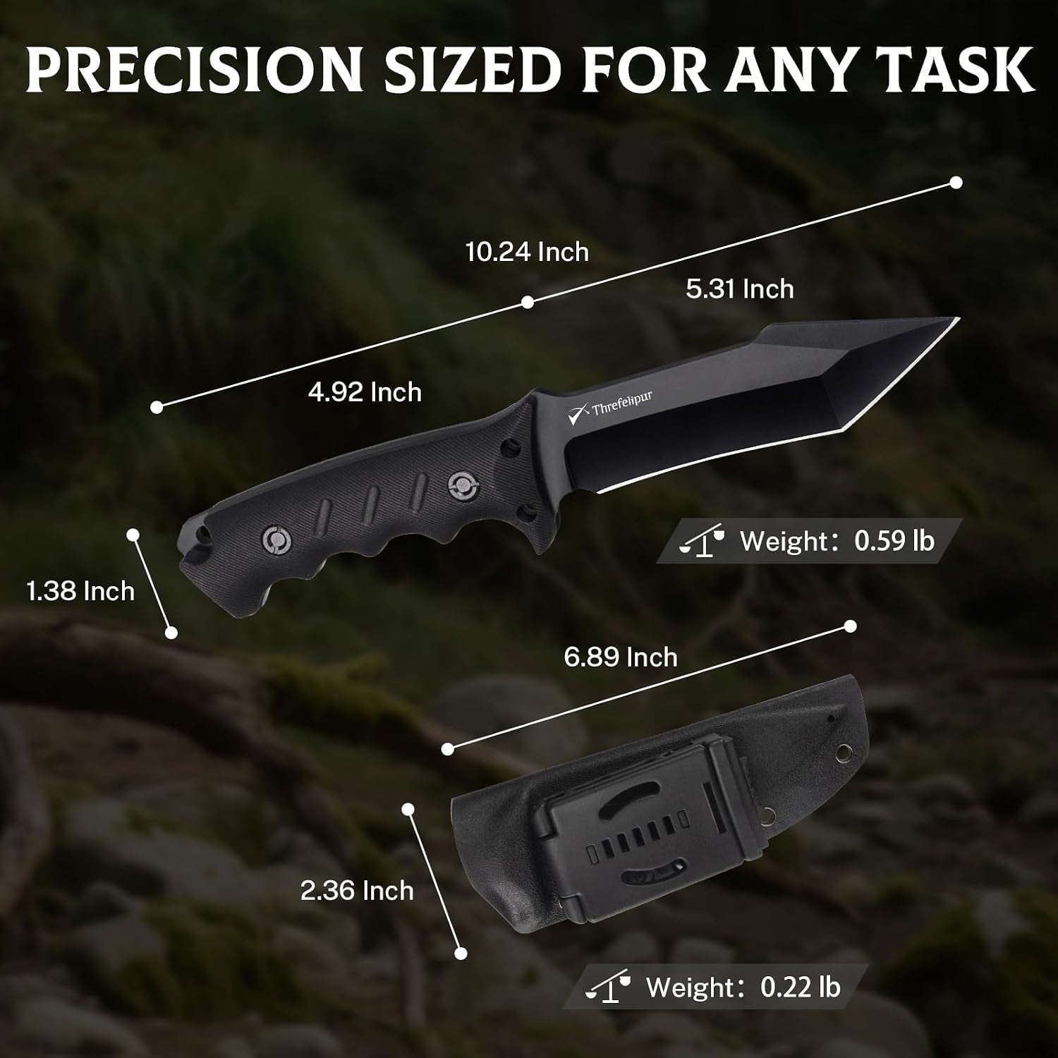 Tanto Camping Knife for Men, D2 Steel Fixed Blade Tactical Survival Knife with Sheath - Compact & Portable for Outdoor Hiking, Bushcraft, G10 Handle - Black