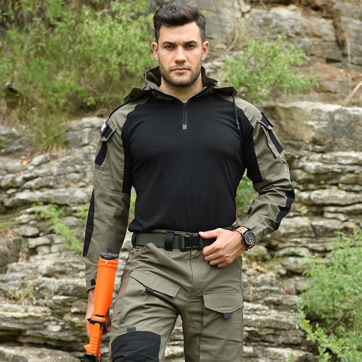Mens tactical long sleeve shirt with elbow pads