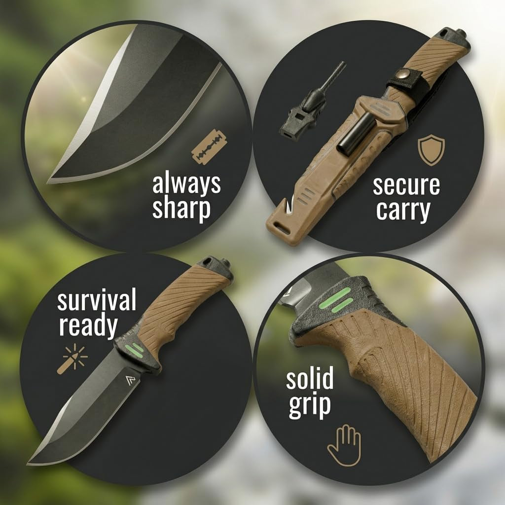 Bushcraft 6-In-1 Survival Knife — Full Tang Fixed Blade Hunting Knife with Sheath, 4.33 Inch Drop Point Blade, Built-In Sharpening Stone, Ferro Rod Fire Starter, Whistle, Glass Breaker & Paracord — Camping, Bushcraft, EDC Gear