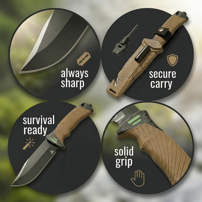 Bushcraft 6-In-1 Survival Knife — Full Tang Fixed Blade Hunting Knife with Sheath, 4.33 Inch Drop Point Blade, Built-In Sharpening Stone, Ferro Rod Fire Starter, Whistle, Glass Breaker & Paracord — Camping, Bushcraft, EDC Gear